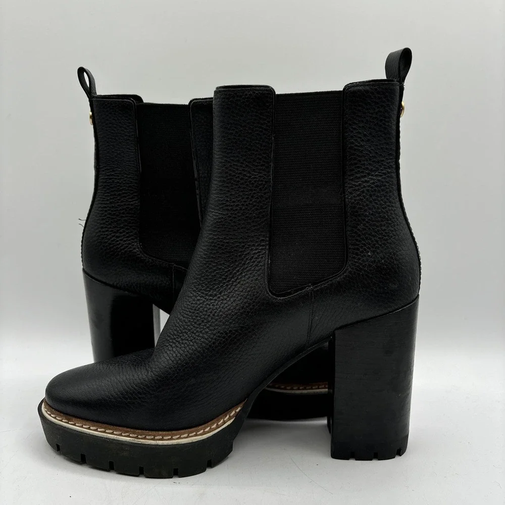 Tory Burch Carson Lug Bootie Women's 7 Chelsea Ankle Boots Heel Black Leather